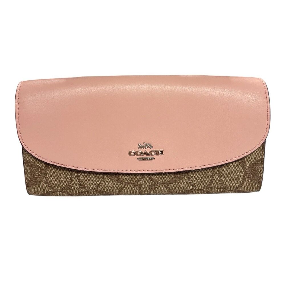 Coach Slim Envelope Wallet Pink Signature Canvas Brown Bifold F54022